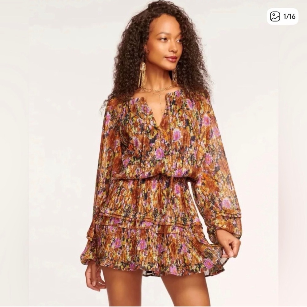 Ramy Brook Long Sleeve Floral Mini Dress in Rust and Purple